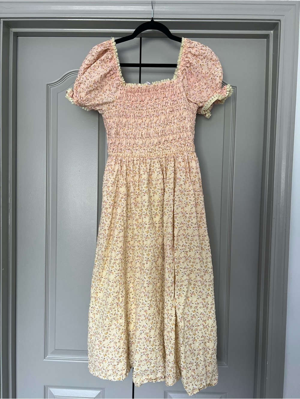 Cottagecore Floral Smocked Midi Dress Pink Yellow 100% Cotton L - Picture 2 of 7